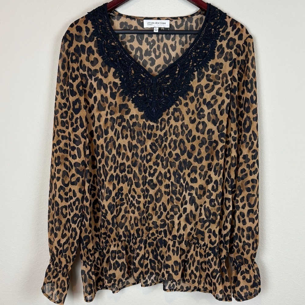Jones New York Sheer Leopard Print Pullover Blouse w/ Beaded Embroidered V-Neck